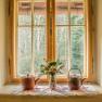 Orlet an der Rax, © Sofia Orlet Fenster mit zwei Teekannen und einer Vase mit Blumen auf der Fensterbank, Wald im Hintergrund.