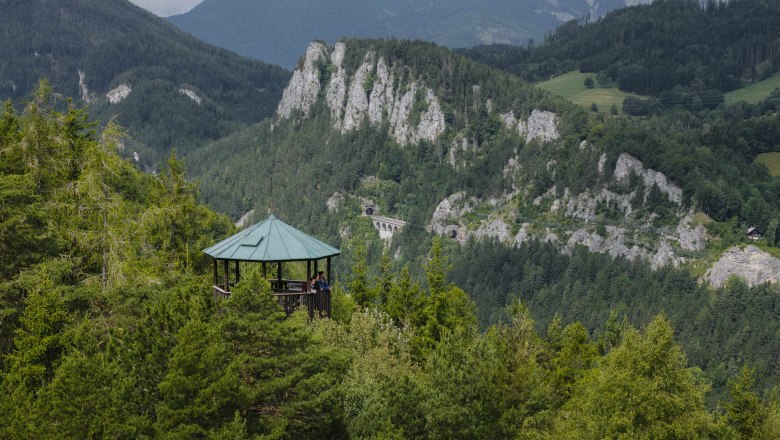 Doppelreiter Aussichtswarte, © NÖW/Robin Uhte Aussichtswarte im Wald mit Berglandschaft im Hintergrund.