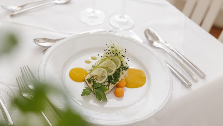 Schlossrestaurant Gloggnitz, © Wiener Alpen/ Sophie Menegaldo Elegantes Gericht auf weißem Teller mit Limettenscheiben und Kräutern garniert auf einem gedecktem Tisch