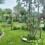 Ferienwohnungen Riedl, © Wiener Alpen Ein gepflegter Garten mit Bäumen, Blumen und einem Vogelhaus, umgeben von einem Holzzaun.