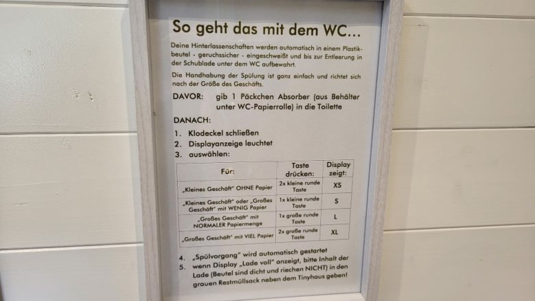 So funktioniert das WC ;-), © Villa to go Anleitung zur Nutzung einer speziellen Toilette mit verschiedenen Spüloptionen, in einem Rahmen an der Wand befestigt.