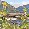 Flackl´s Solaranlage, © Daniel Fischer Sonnenblumen vor Solaranlagen und Bergen im Hintergrund.