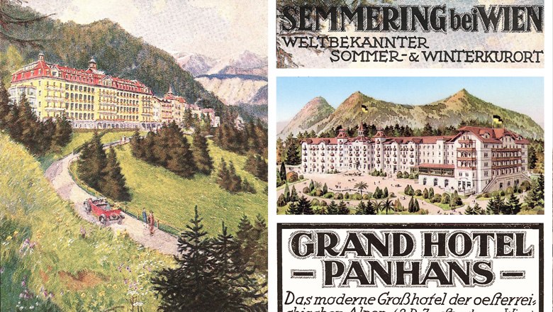 Panhans Semmering, © Kultur.Sommer.Semmering Historische Postkarte des Grand Hotel Panhans am Semmering mit Berglandschaft und Hotelansicht.