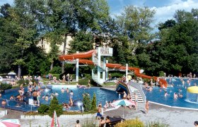 Blub Parkbad Ternitz, © Stadtgemeinde Ternitz Ein Freibad mit vielen Menschen, einer Wasserrutsche und Bäumen im Hintergrund.