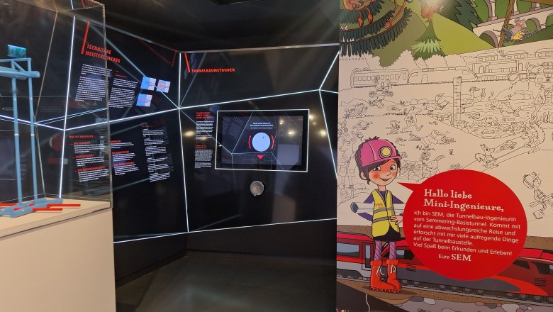 Semmering Basistunnel, © TVB Semmering-Rax-Schneeberg Ausstellung über den Semmering-Basistunnel mit Infotafeln und Kinderillustration.
