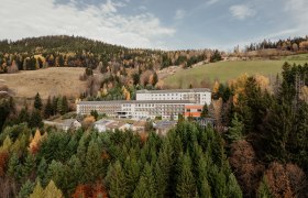 Hotelansicht, © Kristina Polleres Ein Hotelgebäude inmitten eines bewaldeten Hügellandschaft im Herbst.