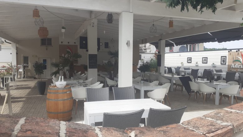 Ein überdachter Gastgarten mit weißen Tischen und Stühlen, umgeben von Pflanzen und Dekorationen.