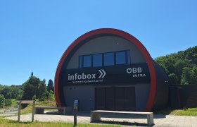 Geb&auml;ude der Infobox Semmering-Basistunnel mit &Ouml;BB-Logo, umgeben von gr&uuml;ner Wiese und B&auml;umen, unter blauem Himmel.