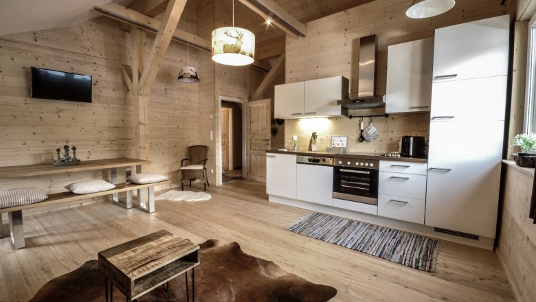 Gem&uuml;tliches Apartment mit Holzw&auml;nden, moderner K&uuml;che, Esstisch und Fernseher. Rustikaler Stil mit Teppich und Holzm&ouml;beln.