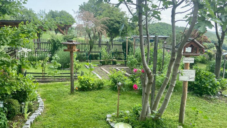 Ein gepflegter Garten mit Bäumen, Blumen und einem Vogelhaus.