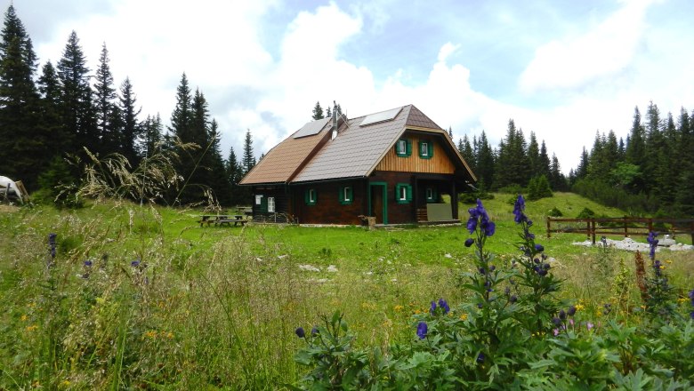 Hütte1, © Richard Waidhofer Eine Holzhütte in einer grünen Wiese mit Blumen und Bäumen im Hintergrund.