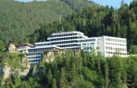 Ein großes, modernes Hotelgebäude auf einem bewaldeten Hügel.