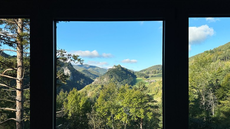 Blick aus einem Fenster auf eine grüne Berglandschaft mit blauem Himmel.