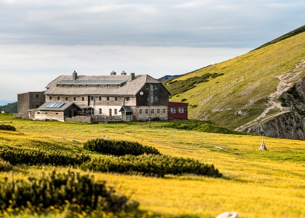 Karl-Ludwig-Haus, © Kai Weidinger Das Karl-Ludwig-Haus in einer alpinen Landschaft mit gelben Blumenwiesen und bewölktem Himmel.