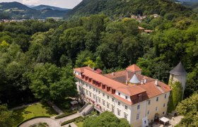 Luftaufnahme von Schloss Stuppach, umgeben von Wald und Hügeln.