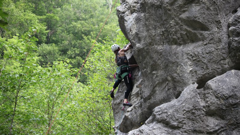 Person klettert an einer Felswand im Freien, umgeben von grünen Bäumen.