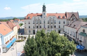 Historisches Rathaus an einem sonnigen Hauptplatz mit umliegenden Gebäuden und Bäumen.