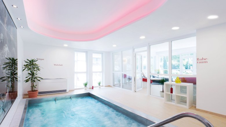 Moderner Wellnessbereich mit kleinem Pool, Pflanzen und ruhiger Atmosphäre.