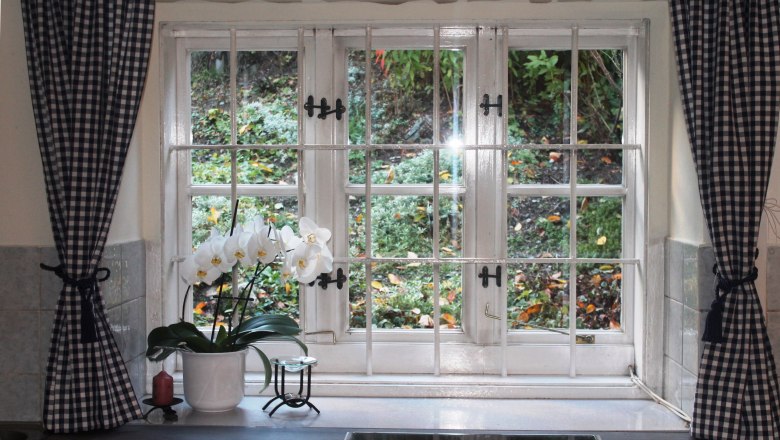 Fenster mit karierten Vorh&auml;ngen und einer Orchidee auf der Fensterbank.