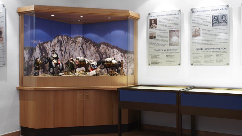Ausstellung im Wasserleitungsmuseum Kaiserbrunn mit Diorama und Informationstafeln.