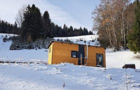 Kleines Holzhaus im Schnee vor einem Wald.
