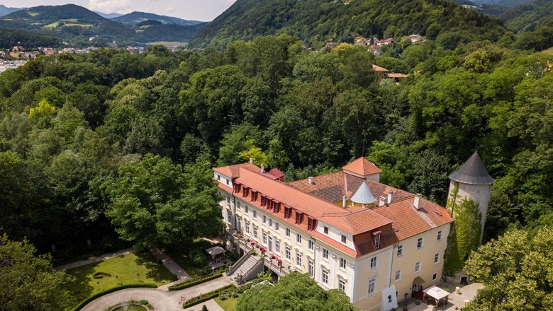 Luftaufnahme von Schloss Stuppach, umgeben von Wald und Hügeln.