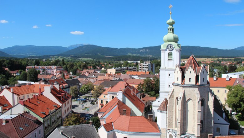 Panoramablick auf Neunkirchen mit Kirche und Bergen im Hintergrund.