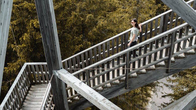 Die Holztreppen schl&auml;ngeln sich durch die majest&auml;tischen B&auml;ume und bieten atemberaubende Ausblicke auf die umliegenden Berge. Hier, inmitten der Natur, sp&uuml;rt man die frische Bergluft und die Ruhe, die nur die Alpen bieten k&ouml;nnen.
