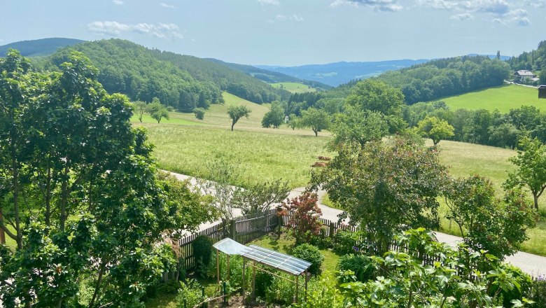 Landschaft mit grünen Hügeln, Bäumen und einem kleinen Garten im Vordergrund.