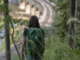 Ein Wanderer genießt die frische Bergluft und die atemberaubende Aussicht auf die sanften Hügel und die geschwungene Bahnlinie, die sich elegant durch die Landschaft schlängelt. Umgeben von üppigem Grün und dem sanften Rauschen der Natur, lädt dieser Ort dazu ein, die Seele baumeln zu lassen und die Schönheit der Wiener Alpen in Niederösterreich zu erleben.