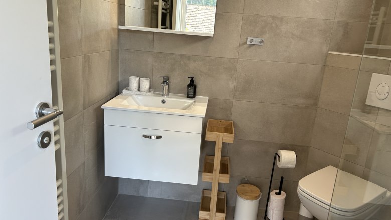 Modernes Badezimmer mit Waschbecken, Spiegel, Toilette und Regalen.