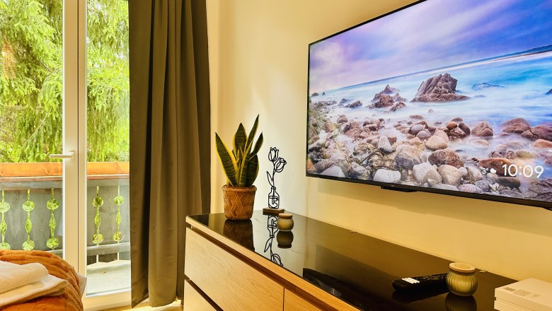 Gem&uuml;tliches Zimmer mit TV, Kommode, Pflanze und Balkonblick.