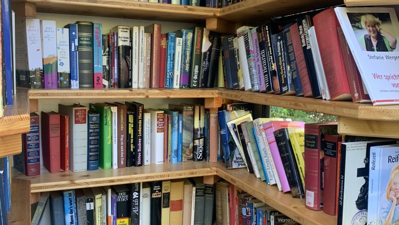 Ein Bücherregal mit verschiedenen Büchern in einem öffentlichen Bücherschrank.