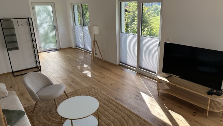 Modernes Wohnzimmer mit Holzboden, Sofa, Sessel, Couchtisch und Fernseher.