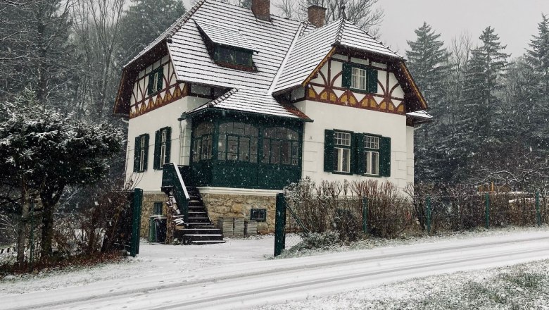 Ein verschneites Haus im traditionellen Stil mit grünen Fensterläden, umgeben von Bäumen und einer schneebedeckten Straße.