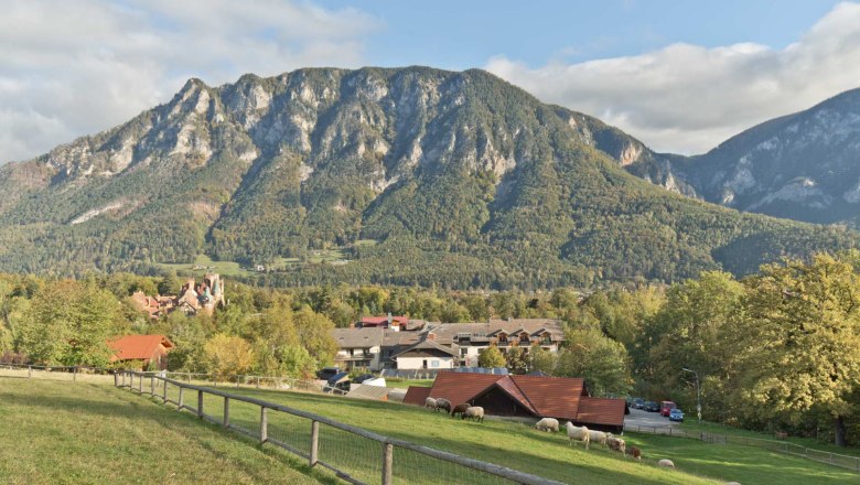 Blick auf eine grüne Weide im Vordergrund , im Hintergrund das Hotel sowei der Felsen des  Mittagssteins