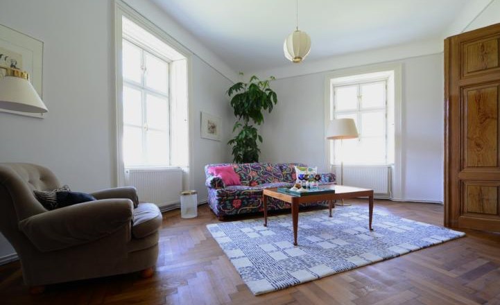 Wohnzimmer mit buntem Sofa, Sessel, Teppich und Pflanzen.