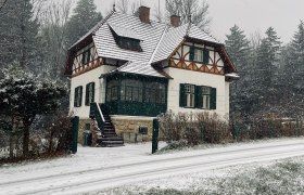 Ein verschneites Haus im traditionellen Stil mit grünen Fensterläden, umgeben von Bäumen und einer schneebedeckten Straße.
