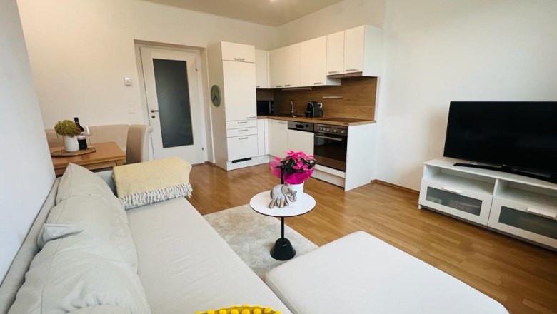 Moderne Wohnk&uuml;che mit Sofa, Esstisch, K&uuml;chenzeile und Fernseher.