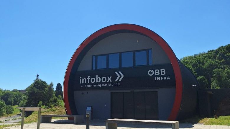 Gebäude der Infobox Semmering-Basistunnel mit ÖBB-Logo, umgeben von grüner Wiese und Bäumen, unter blauem Himmel.