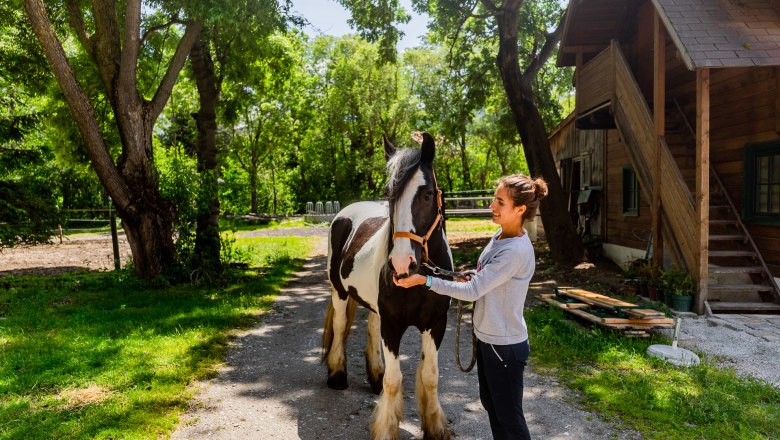 Eine Frau steht neben einem schwarz-weißen Pferd auf einem Hof mit Bäumen und einem Holzgebäude im Hintergrund.